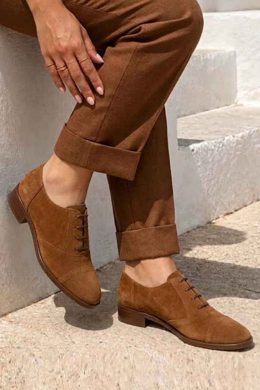 Women's cognac classic oxfords and derby shoes with round toe and chunky rubber lug sole - Worn view